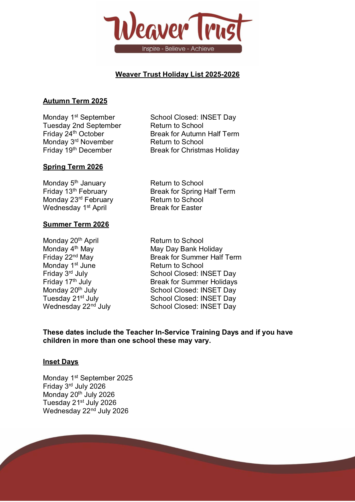 Weaver Trust Holiday List 2025-2026 – Amended Inset Days – Cheshire